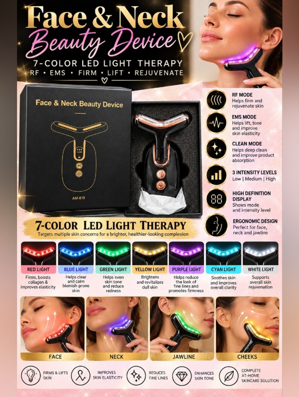 NEW Face & Neck Beauty Device 7 Color LED Light RF EMS AM-810